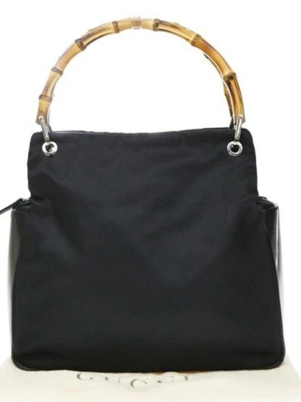 GUCCI Logo Bamboo Hand Bag Nylon Leather Black Italy SHW 04TA762